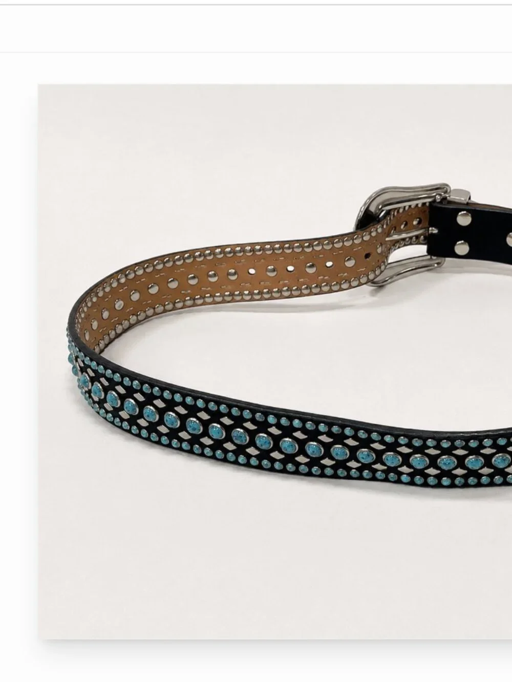 Nocona Black Leather Western Belt Large Turquoise Beaded Studded Floral Buckle
